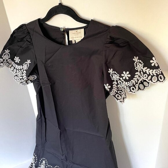 Kate Spade Mini Dress Small Black Short Sleeve Shift Cotton Floral Embroidered - Picture 6 of 12